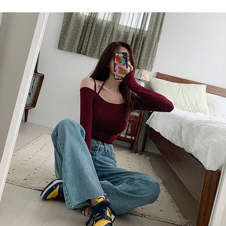 ✺✿✈Suhao Dongdaemun Korea Selatan baru retro anggur merah seksi feminin off-shoulder ketat tali lengan panjang T-shirt wanita vd