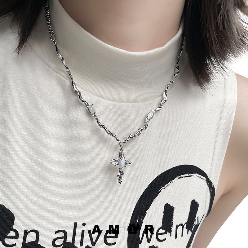 Kalung Salib Batu Akik Putih choker unisex