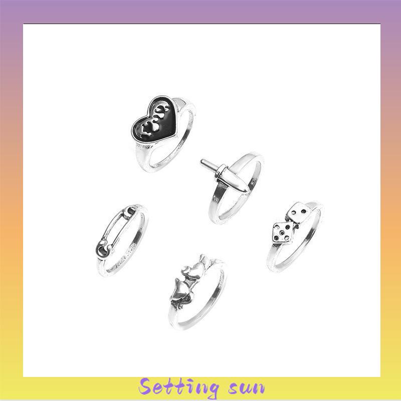 Domingo Ring Alloy peniti dadu love pedang retro silver cincin wanita fashion korea 5 set TN