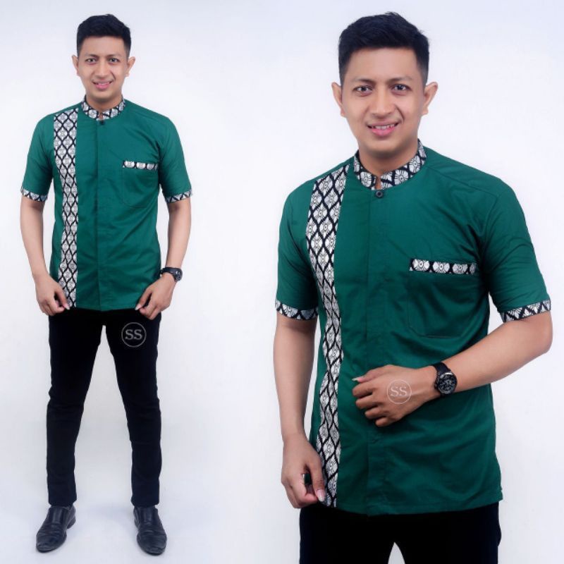 BAJU KOKO BATIK EMAS LENGAN PENDEK BUSANA MUSLIM SERAGAM HADROH HILWA AZAHIR ARKACOLLECTION