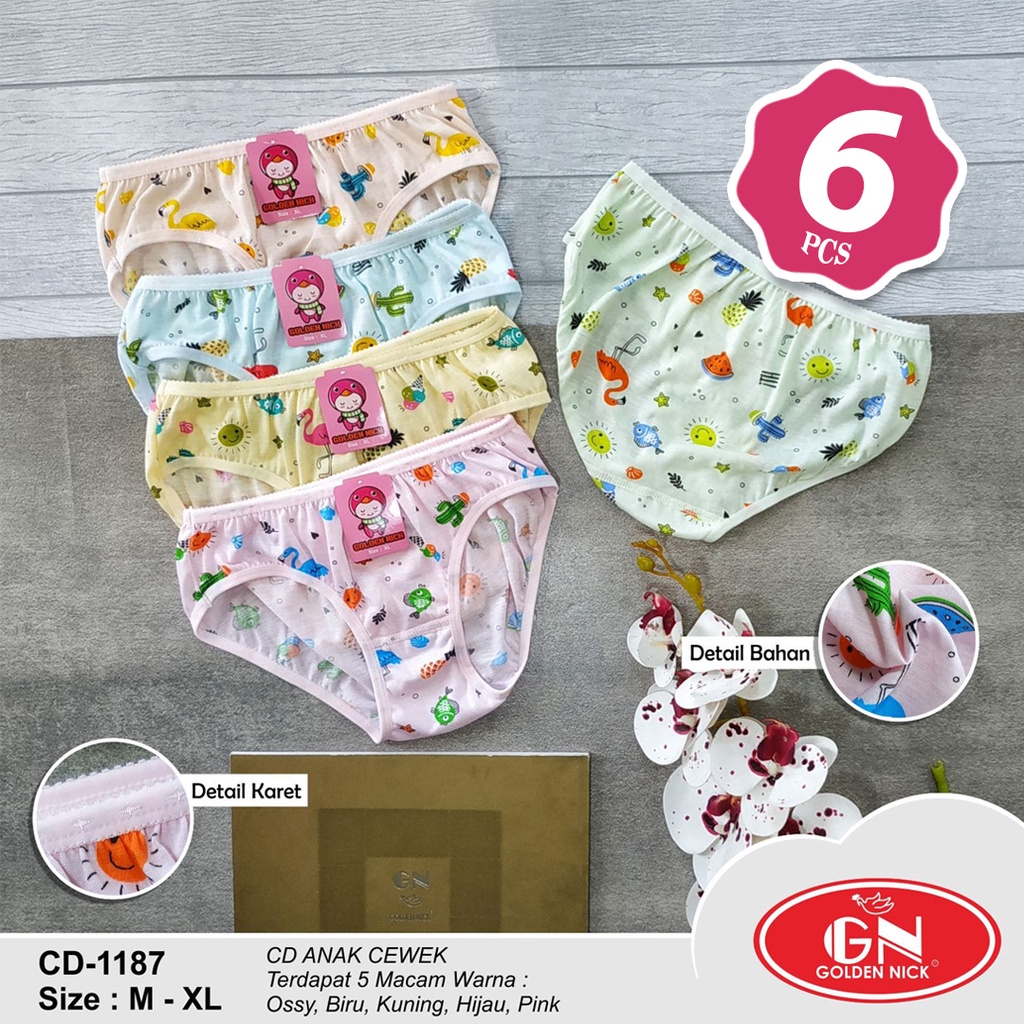 6 Pcs Golden Nick Anak 1187 | Bahan Premium Bermotif | Size M L XL | CD anak perempuan