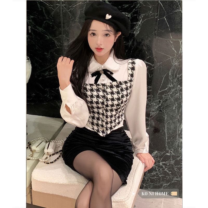 Suhao One-Piece Suit Wanita Fashion Slim Pakaian Luar Houndstooth Top Awal Musim Gugur Gaya Selebriti Pendek Slim Bawah Kemeja