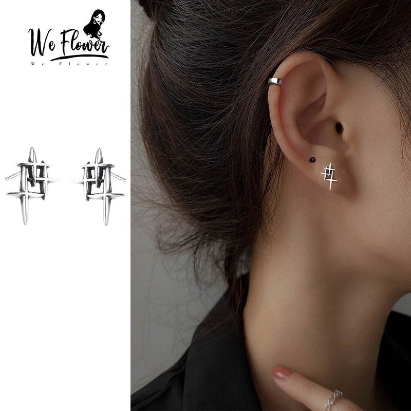 We Flower Bergaya Retro Perak Bintang Stud Anting Untuk Wanita Pria Unisex Fashion Geometris Salib Anting Perhiasan Hadiah