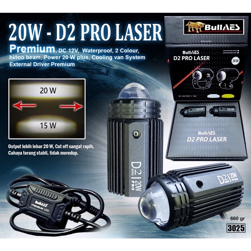 Laser Lampu Tembak D2 Laser 20 Watt 15 watt PRO Laser Output merk BULLAES Lampu tembak Mini Driving Kuning Putih