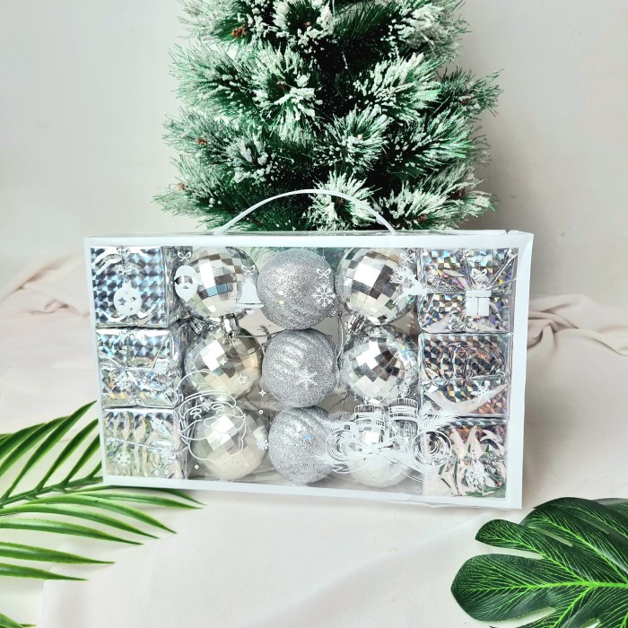 Set Hiasan Pohon Natal Campur Isi 15 Silver / Hiasan Natal Gantung