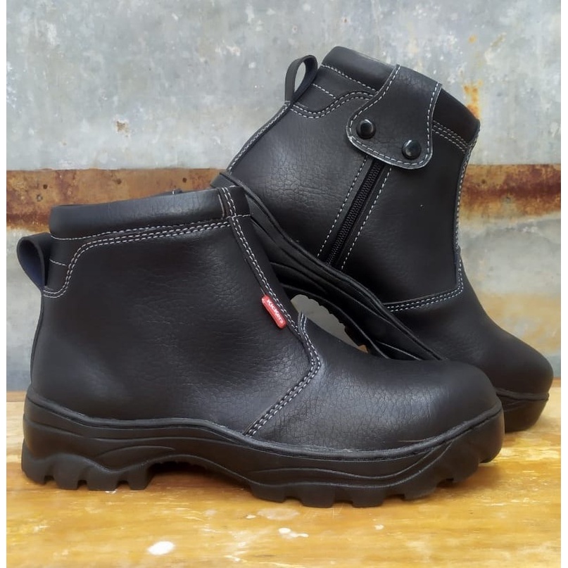 SEPATU SAFETY Boots Ujung Besi - Zipper Terbaru Kulit Sintetis Kalep PDL PDH Pantofel Sepatu Kerja Sepatu Keselamatan APD Boots SKN