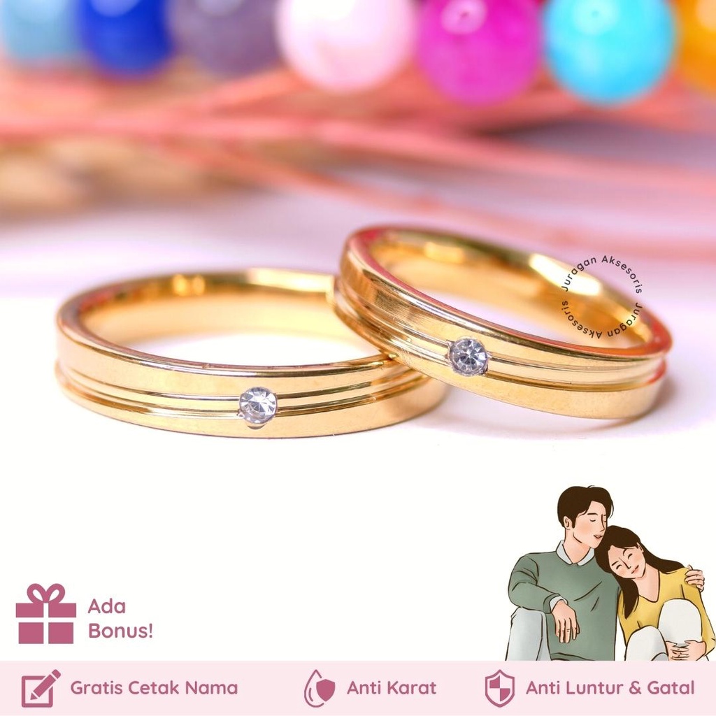 [Gratis Ukir Nama] Cincin Couple Romantis Ailoviu Titanium Anti Karat M126 Hadiah Tunangan Pasangan Pria Wanita Gold Emas