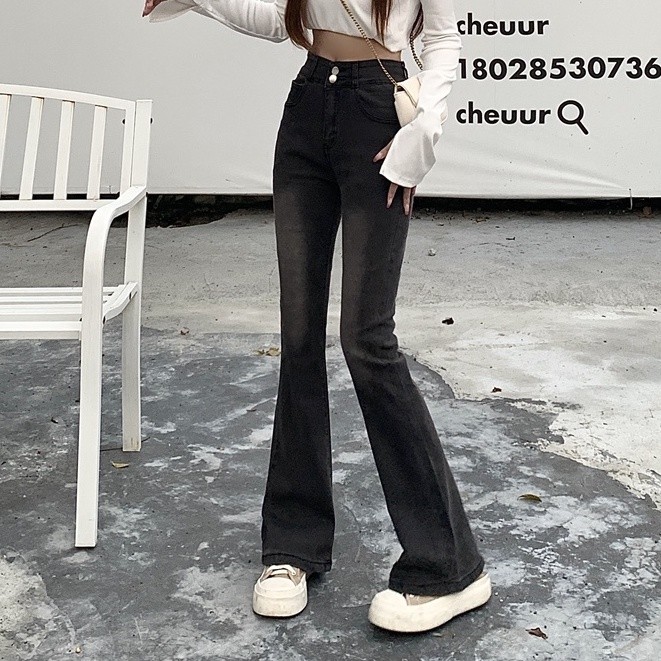 Celana jeans melebar pinggang tinggi high-waist hamparan luas leg denim kasual berkobar celana wanita Korea