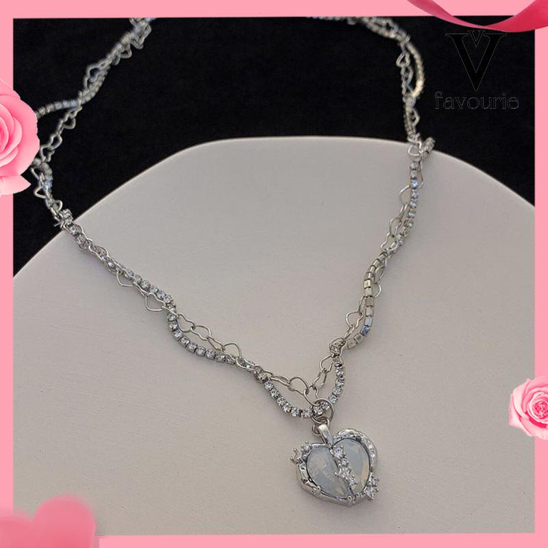 CODKalung Rantai Multilayer Liontin Hati Aksen Zircon Untuk Perhiasan Wanita-FA