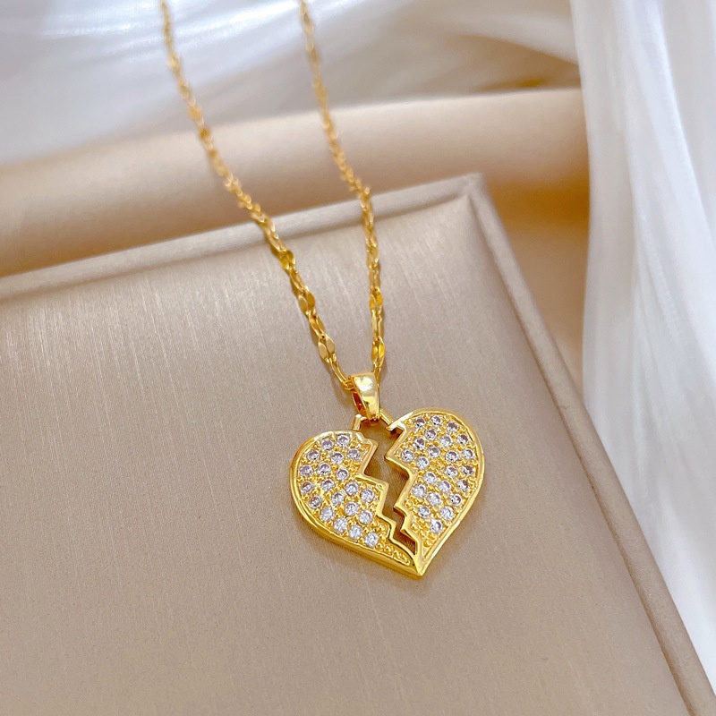 Titanium Steel Lapis Emas 18 K Cubic Zirconia Berlian Patah Hati Liontin Kalung Non Tarnish Gold Kalung Untuk Wanita Tahan Air Emas Liontin Kalung Hypoallergenic Aksesoris
