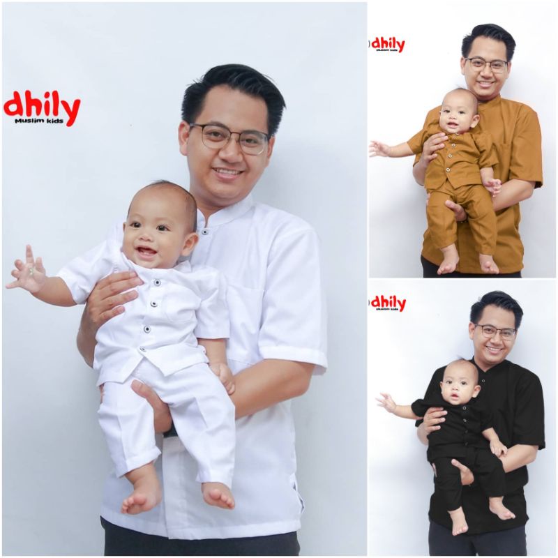 DHILY Kemeja koko Basic couple ayah anak, koko couple ayah anak, baju koko anak set celana