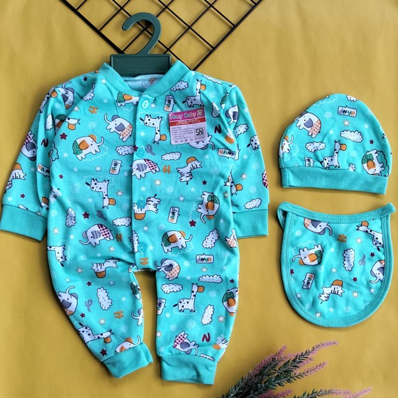 jumper set topi slabber bayi printing newborn 0-3 bulan free hanger