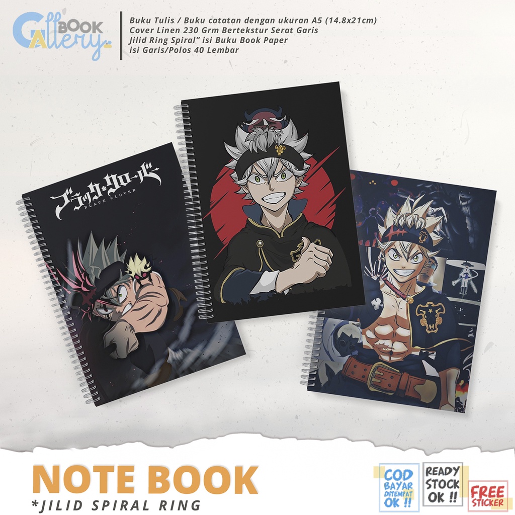 

[SP] Buku Tulis / Buku Catatan / Note book Anime Black Clover Jilid Ring Spiral Dengan isi Book Paper Garis/Polos 50 Lembar Free Poster dan Stiker Ukuran A5