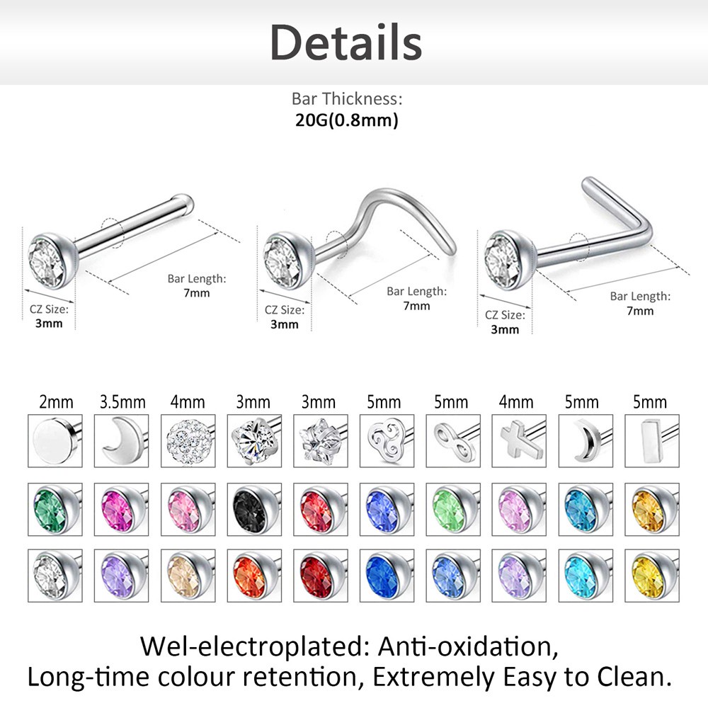 40-60pcs/lot Set Tindik Hidung Kristal Warna Stainless Steel C-Shape Nose Rings L Shape Nose Stud Set 20G Tindik Hidung