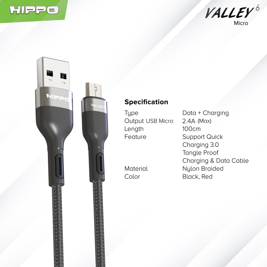 Hippo Kabel Data Valley 6 Braided USB to Micro 2.4 A Quick Charge 3.0 Fast Charging Android Data Cable