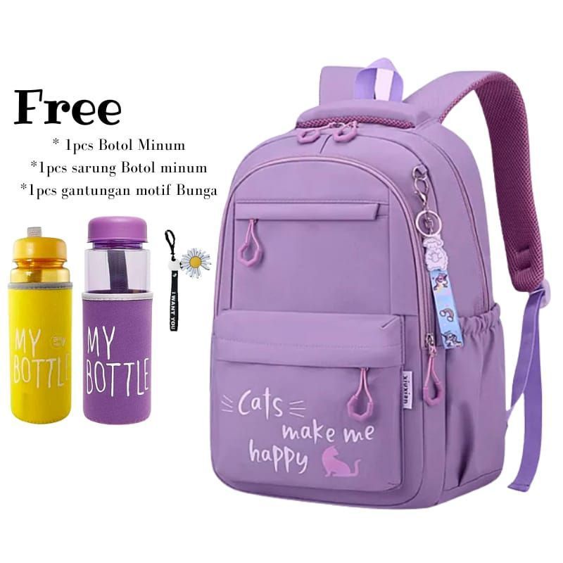 Ransel Wanita Terbaru Backpack Korea Tas Sekolah Remaja Cats Happy Free Botol Nicee STYLE Anak Remaja