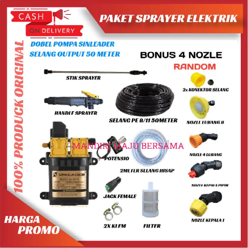 PAKET ALAT SIRAM MISTING SPRAYER HAMA DINAMO POMPA DOBEL SINLEADER 12VOLT 12LPM SELANG 50 METER