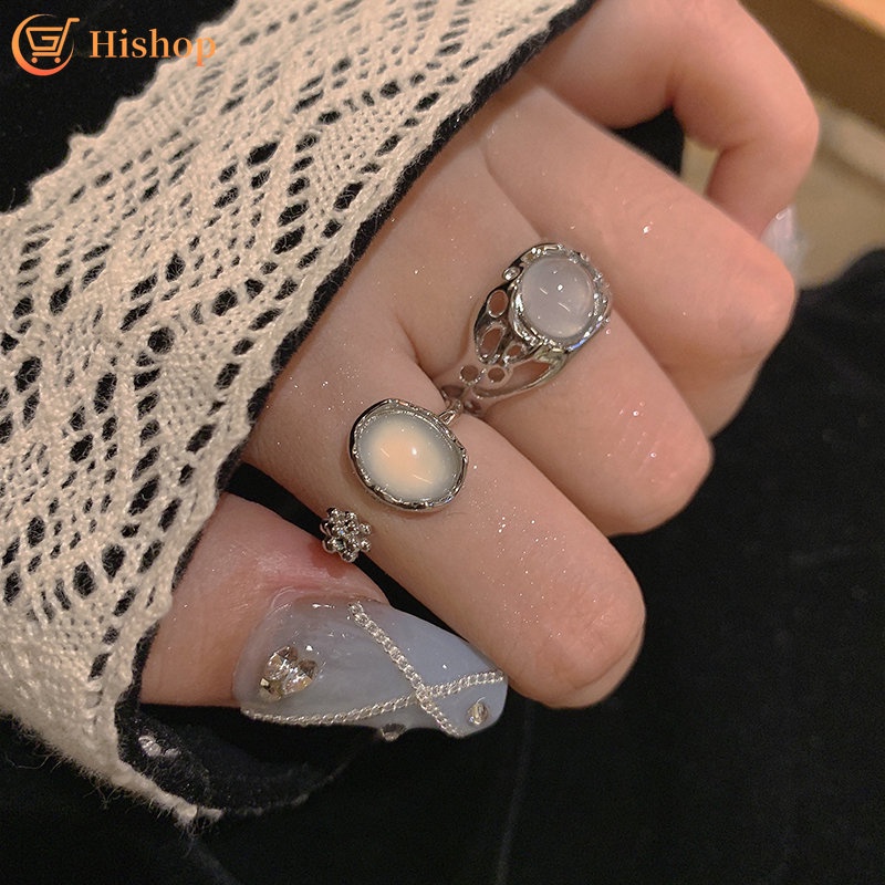 Fashion Silver Opal Rings Set Cincin Untuk Wanita Vintage Finger Ring Perhiasan Y2K Aksesoris