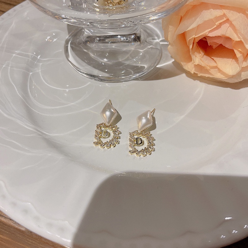 Mewah Zirkon Geometris Anting-Anting Perempuan925 Perak Jarum Anting Huruf Mutiara