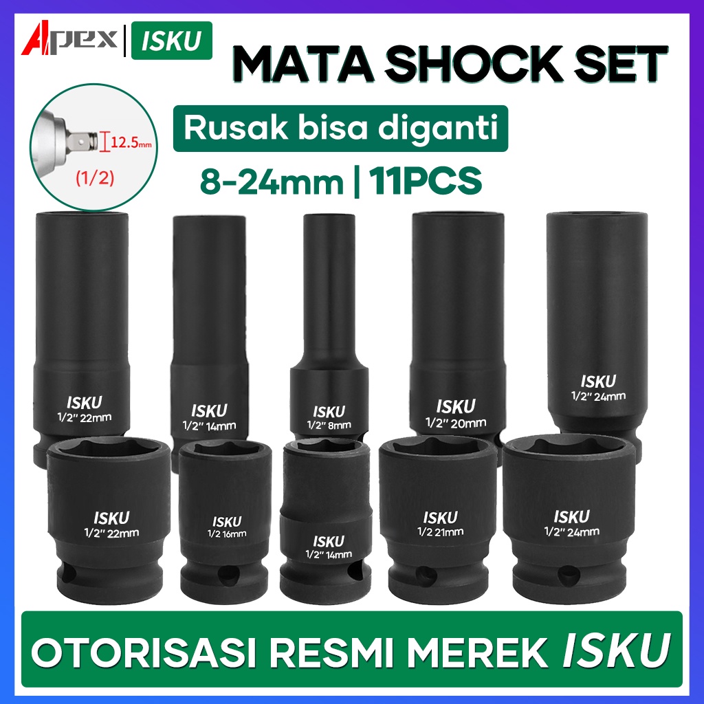 ISKU Panjang mata kunci shock impact/mata sock set 1/2&quot; drive socket kokoh dan kuat/Key shock professional tools full set 11pcs 8-24mm