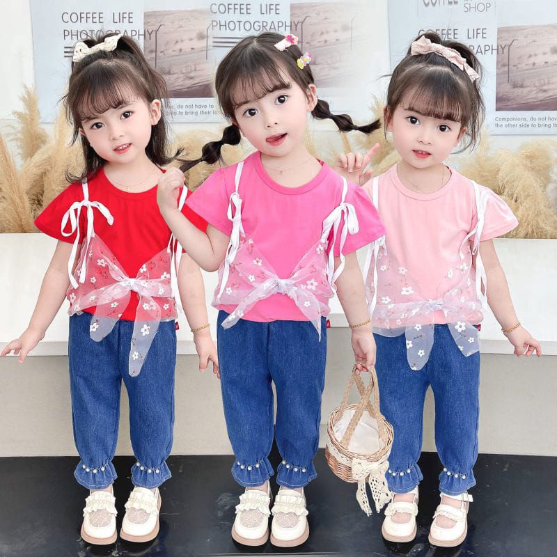 [0-5 TAHUN] SETELAN ANAK PEREMPUAN CELANA JEANS PANJANG MUTIARA IMPORT+KAOS LUCU BAHAN KATUN COTTON PITA 1 2 3 4 5 TAHUN