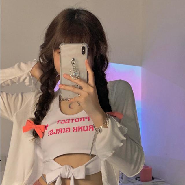 Setelan one-piece Suhao untuk Barbie~ Kamisol salib huruf merah muda gadis imut Korea + kardigan rajutan tabir surya