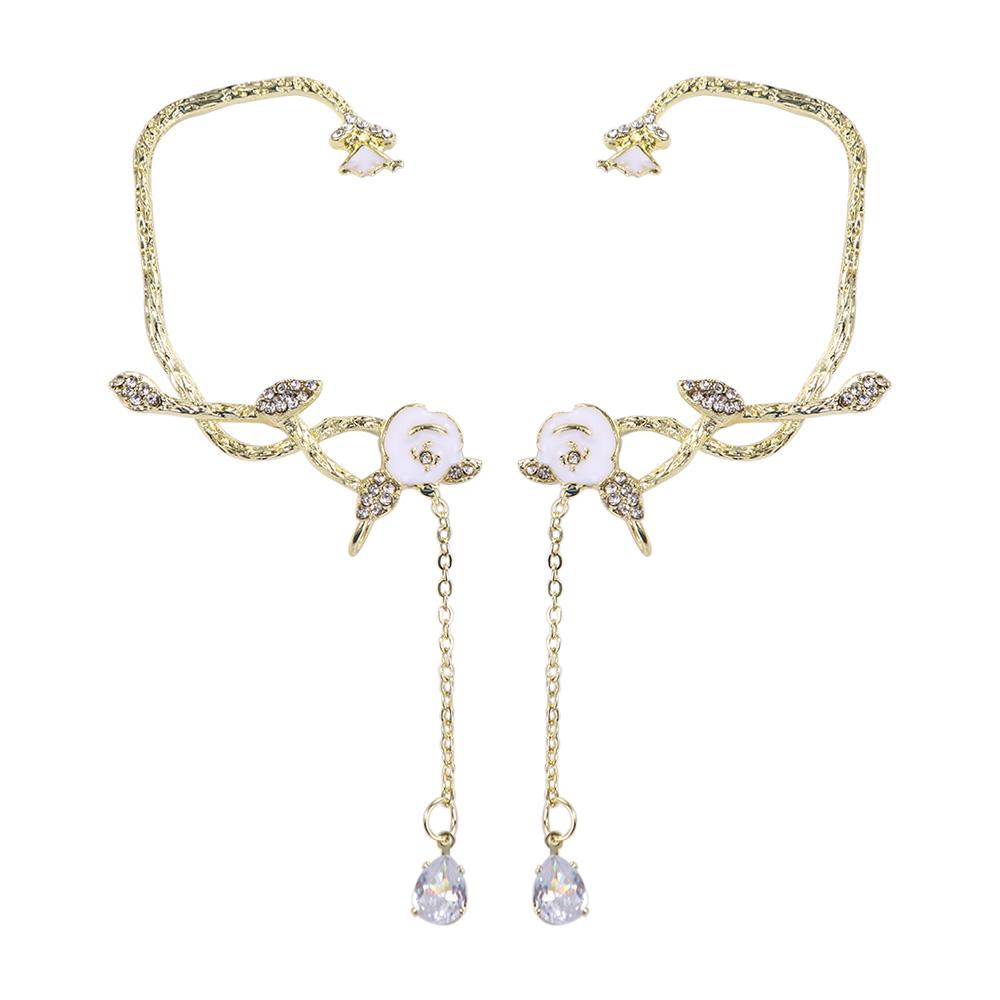 Anting Klip Bunga Mawar Mewah Mengkilap Rantai Panjang Kait Telinga Tembaga Zirkon Gaya Korea Ear Clip