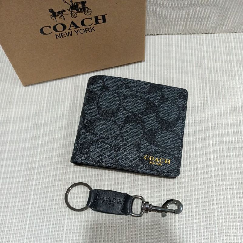 Dompet lipat pria C0ACH signature gift set keychain import