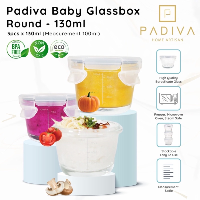 Padiva baby glassbox round 130ml ( isi 3pcs ) - kontainer kaca mpasi bayi