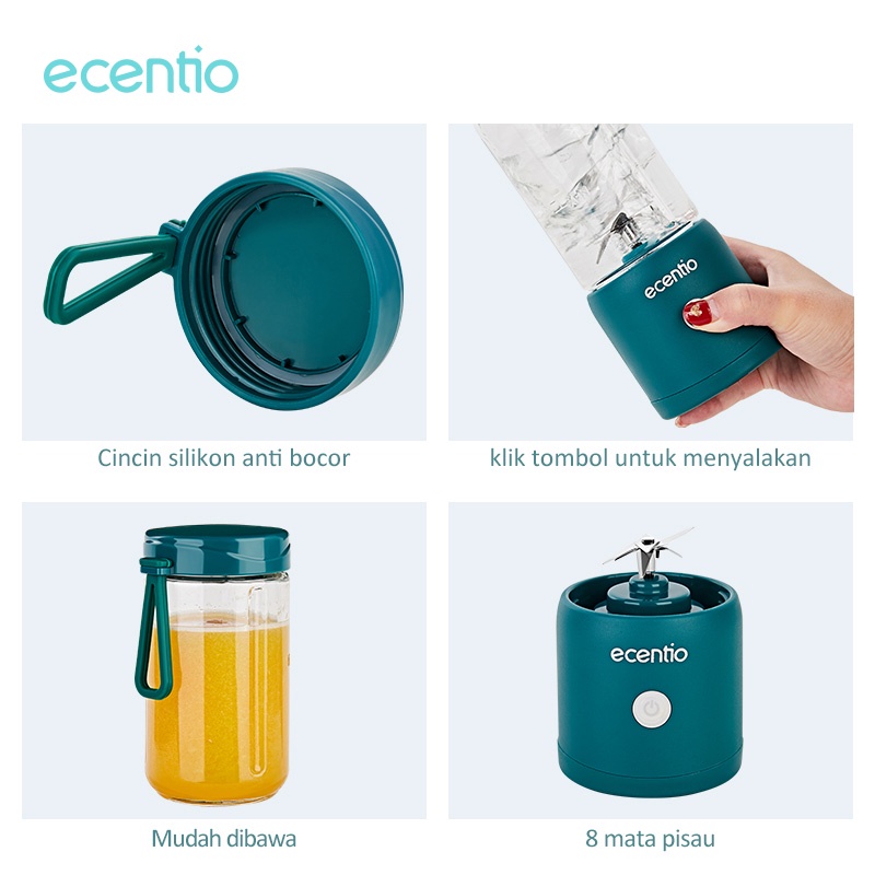 ecentio &amp; FOODI blender mini Portable Kaca 6/8 mata pisau Juicer cup 380ml/380 ml x 2 pcs hijau Usb charging/juicer cup