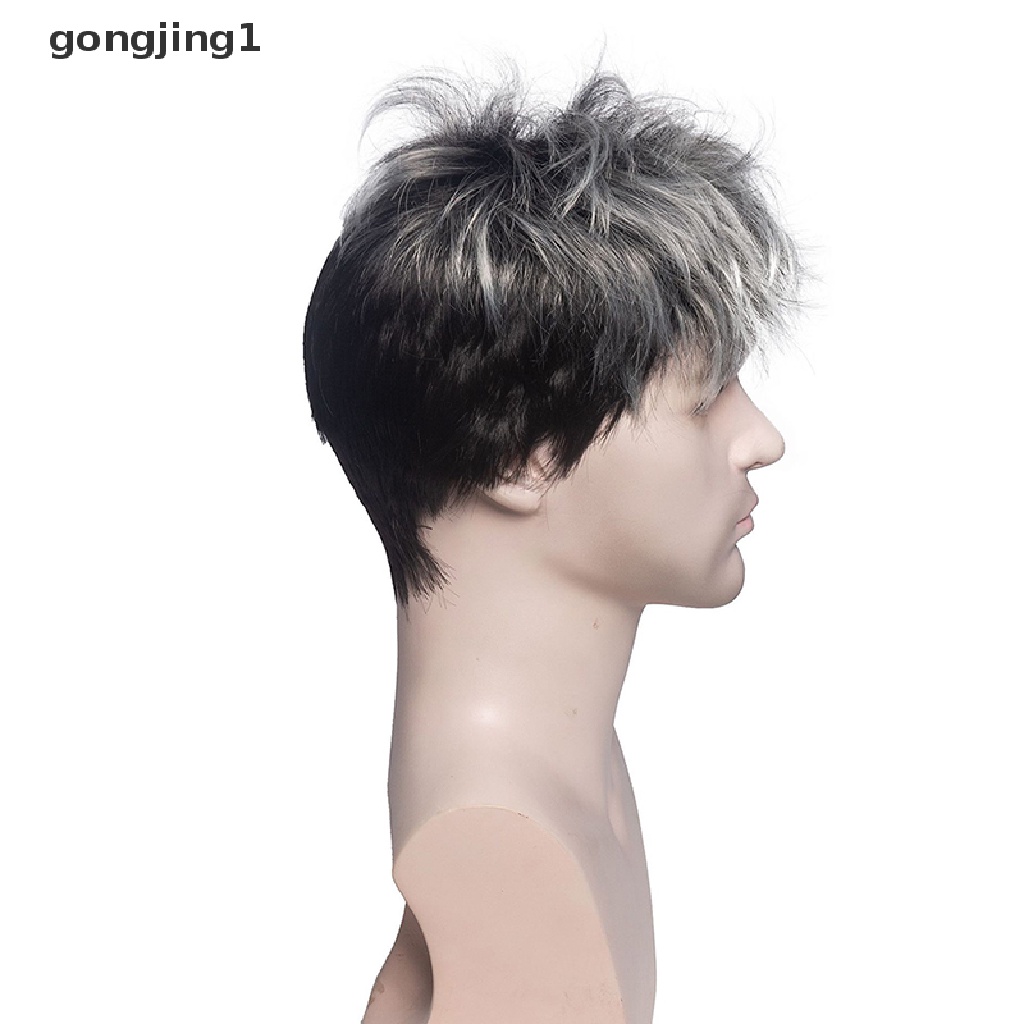 Ggg Set Wig Rambut Pendek Pria Silver Grey Gradasi Keriting Kecil Wig Rambut Palsu Coklat Abu Tua ID