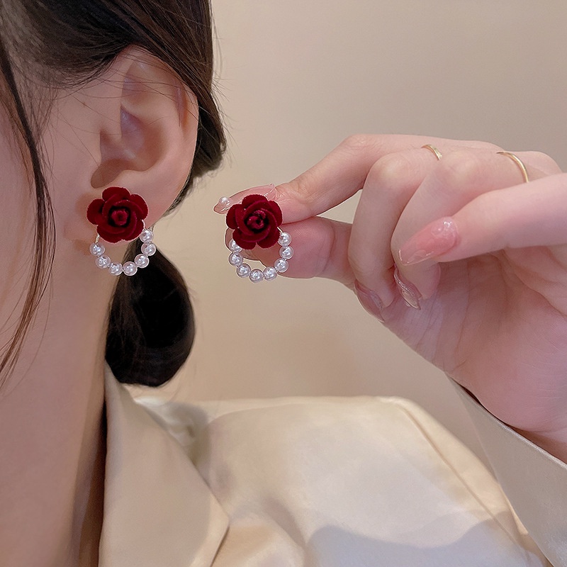 Korea Fashion925 Perak Jarum Stud Anting Merah Mawar Mekar Anting Wanita Perhiasan Pesta Pernikahan