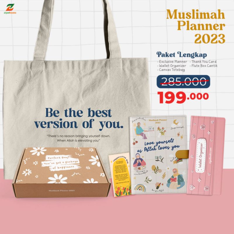 

galeri tigaH Muslimah Planner 2023 dengan tote bag dan wallet organizer