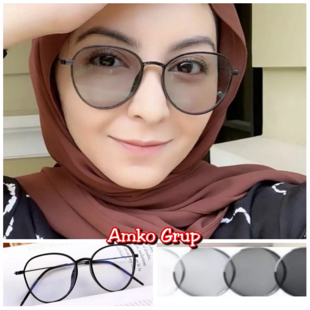 Kacamata Fashion WanitaPria Lensa Photocromic Kacamata Berubah Warna Frame Hijab Style Free Box Lap