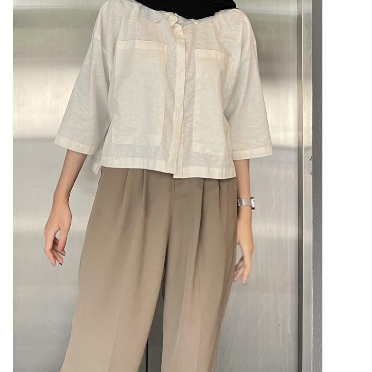 Sale Terbatas Rumah Polos Kemeja Crop Linen Pocket - Oversized Shirt Linen - Outer Crop Linen - Atas