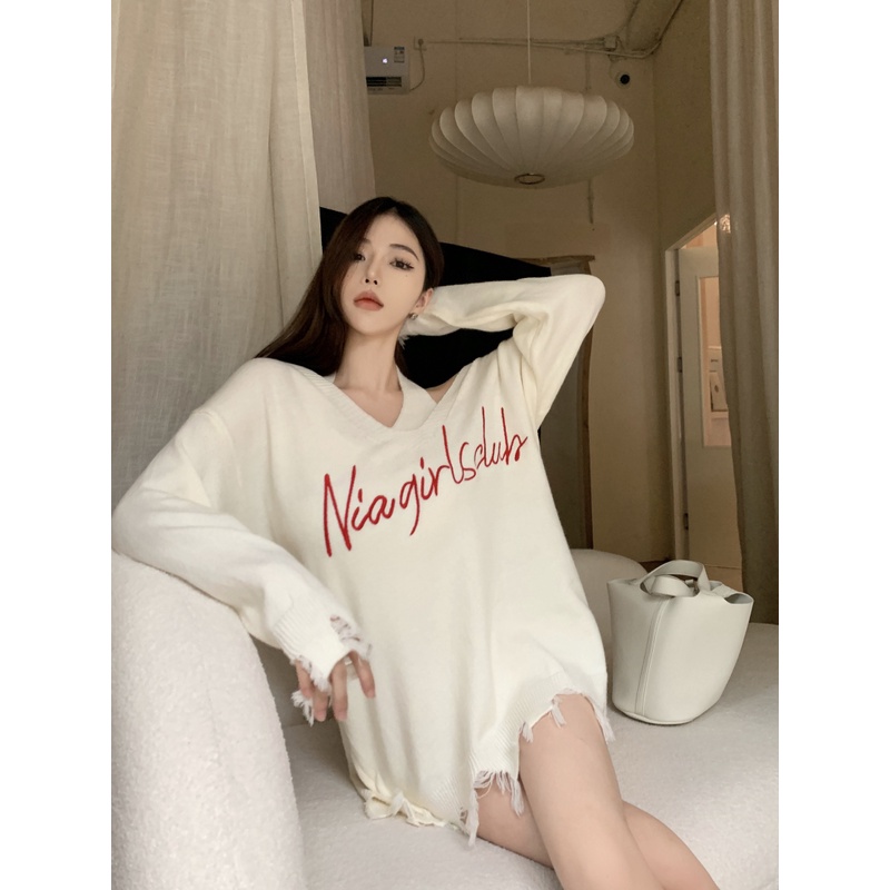 ☌▣☁Suhao Putih V-Leher Lengan Panjang Sweater Wanita Musim Gugur dan Musim Dingin Longgar Berkualitas Tinggi Sweter Mantel Kamisol Dua Potong set