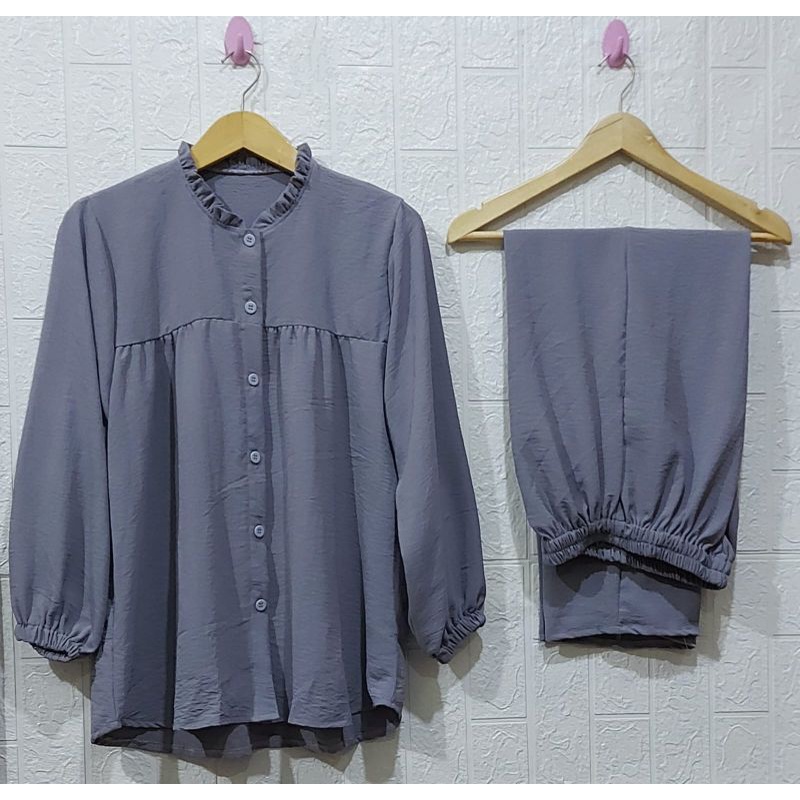 ONE SET RAYON CRINKLE AIRFLOW SETELAN // SETELAN RAYON CRINKLE AIRFLOW// DRESS RAYON // SETELAN RAYON  //BUSUI FRIENDLY//PIYAMA//PREMIUM//HOMEY//BUSUI-Abu Silver