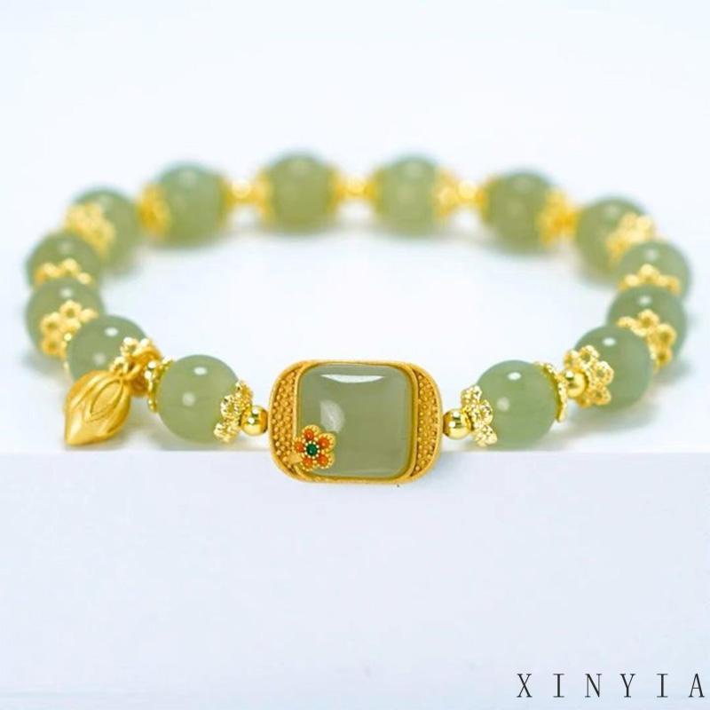 【Bayar di tempat】Gelang Tangan Manik-Manik Batu Jade Hetian Natural Bentuk Persegi Gaya Retro Untuk Wanita ACKER