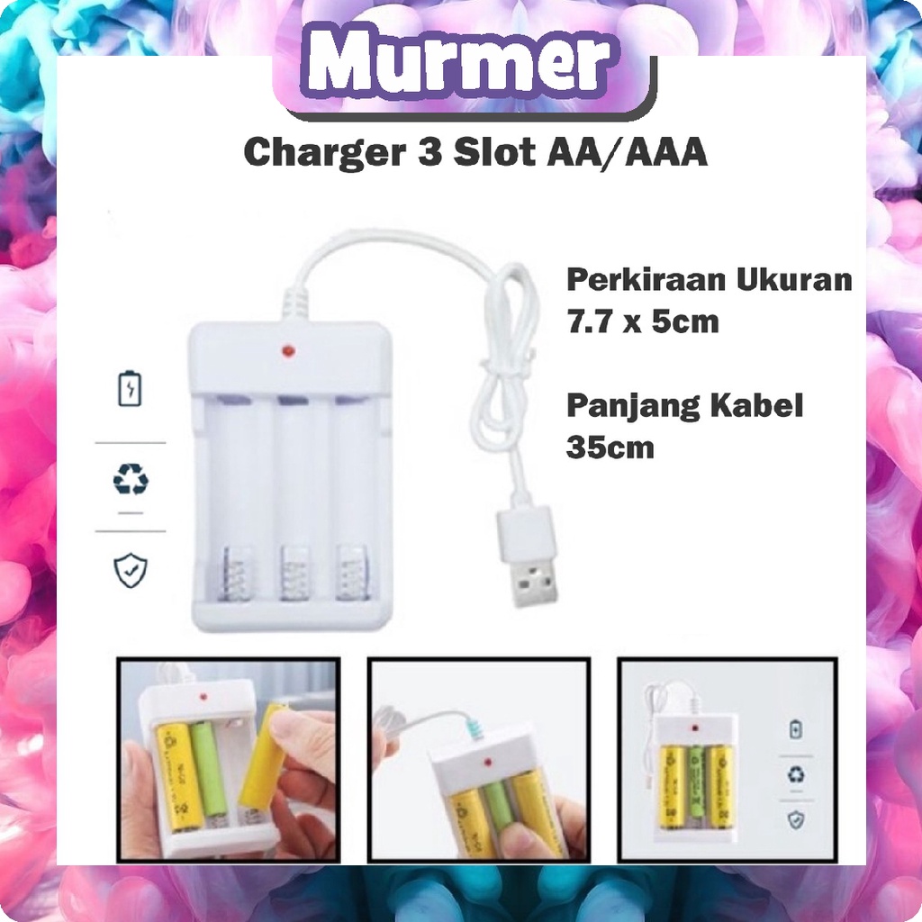 MurmerOfficial Battery Rechargeable Charger 3 Slot Usb AA/AAA Batre Isi Ulang R542