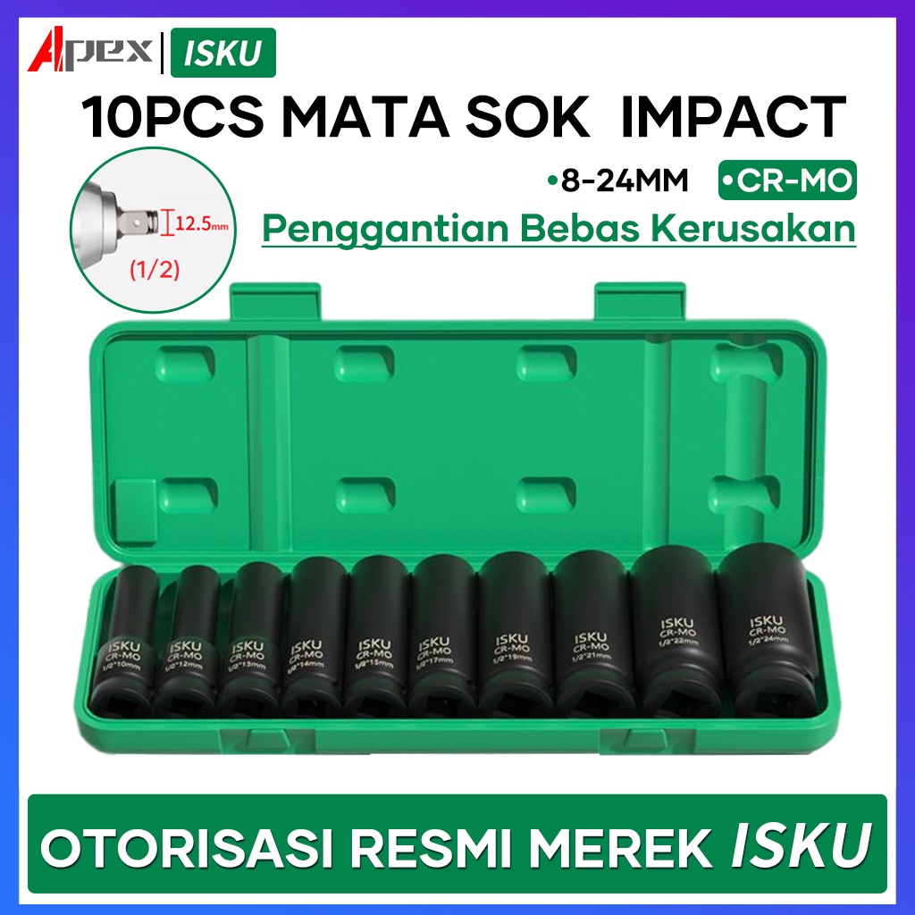 ISKU mata sok impact full set 10pcs 1/2 inch/mata kunci shock impact Panjang cr-mo 8 10 12 14 16 18 20 22 mm