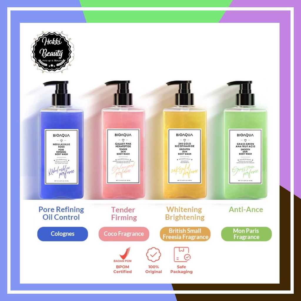 BIOAQUA 24K Gold Body Wash 400ml, GALAXY PINK, GRASS GREEN, NEBULAS BLUE Shower Gel English Pear &amp; Freesia scent Sabun Mandi Cair Sabun Kecantikan Long lasting