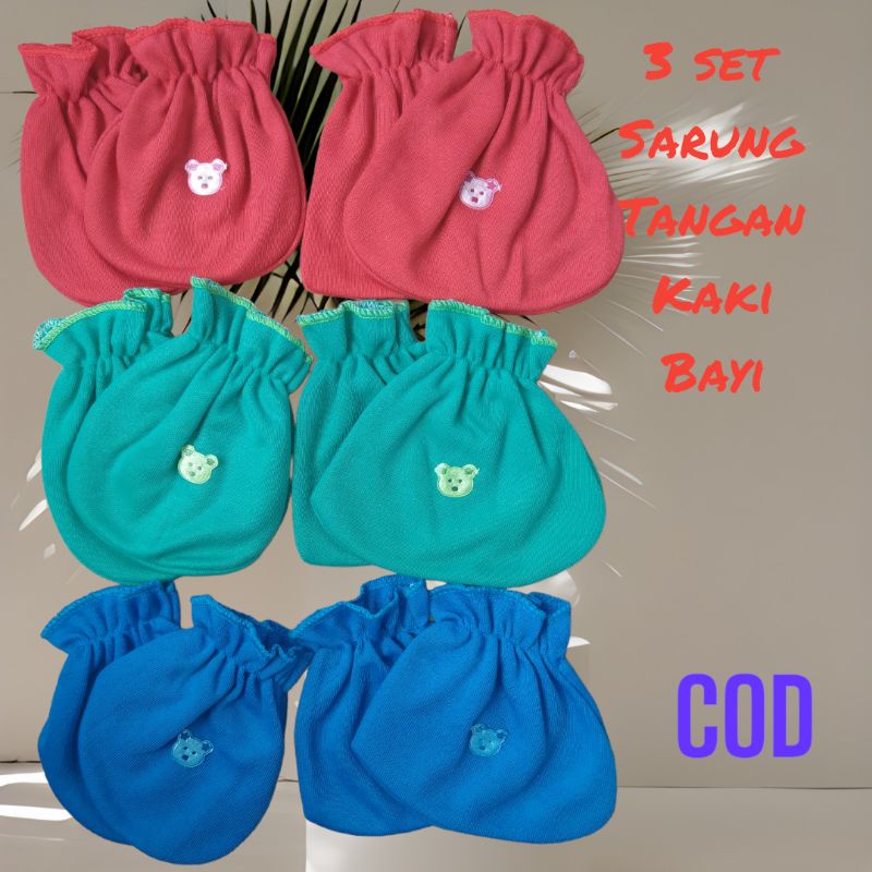 3 Set Sarung Tangan Kaki Bayi Baru Lahir Warna Polos Rainbow