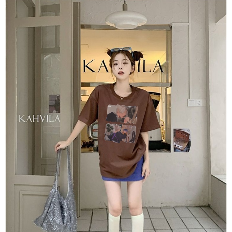 XIAOZHAINV Kaos Atasan Wanita Painting Pattern Lengan Pendek Cokelat A0166