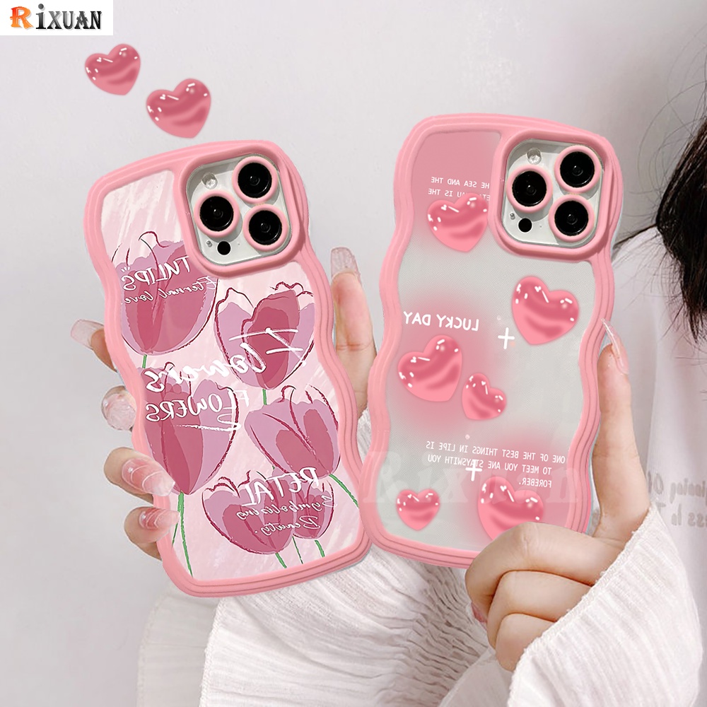 Realme 10 Realme C35 C33 C33 C31 C30 Realme 9i 6i 5s 5i 7i C15 C12 C25 Realme C21Y C25Y C11 2021 C20 C20A C3 C1 Wavy Edge Case Pink Love Hati Bunga Tulip Soft TPU Cover BY RIXUAN