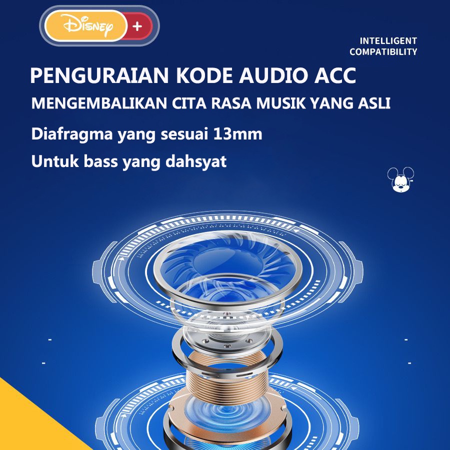 Original TWS Disney Earphone Bluetooth 5.1 untuk Android IOS With Microphone Gaming Sport Wireless Headset Kartun Earbuds