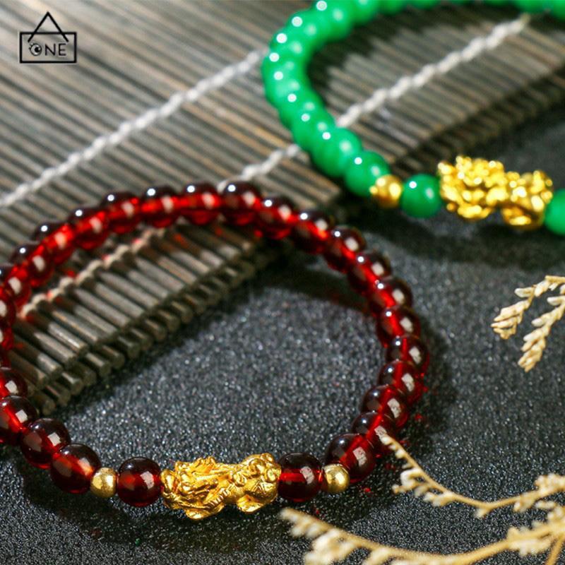 COD❤️Gelang Batu Akik Manik-manik Lucky Pixiu Gelang Indah Memakai Tali Elastis Tahan Banting Manik-manik Kristal Berwarna-warni -A.one