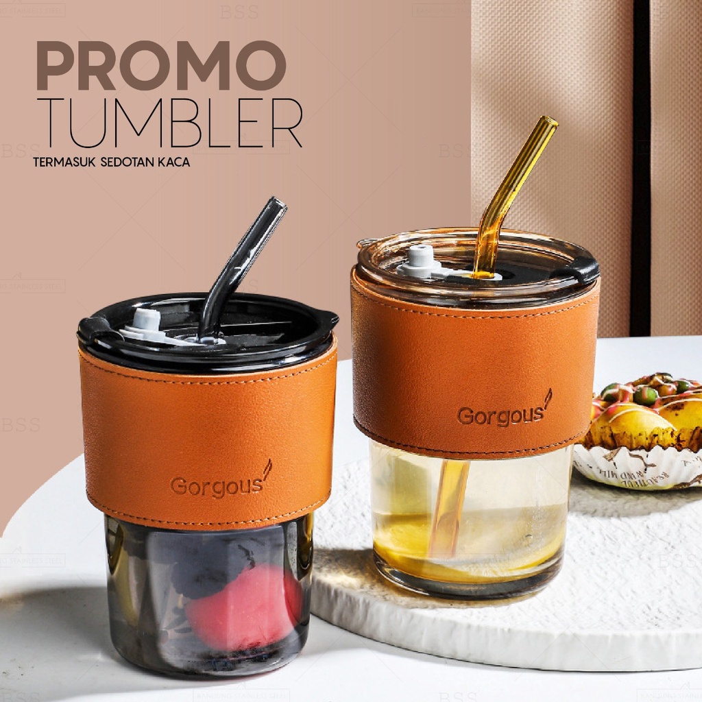 Tumbler Kaca dengan Sedotan dan Tutup 350ml Aesthetic Glass Cup Coffee Milk Simple Elegan