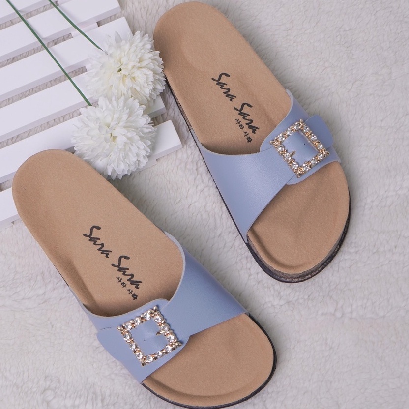 SARASARA YUK - TIMMY Sandal Wanita Slop Casual Size 36 - 41 Model Birken Sol Puyuh Sara Sara Sendal Cewek Kulit Santai Rumahan Strap Gesper 1 Kristal Blink Empuk 37 38 39 40 Warna Blue Biru Soft Selop Anti Slip Original Shoes ORI Mall Official Store