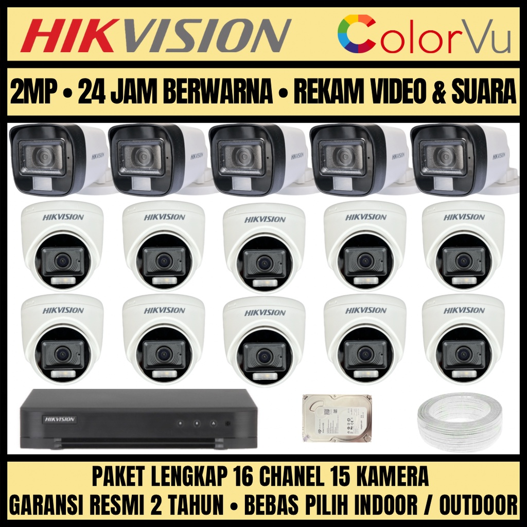 PAKET CCTV HIKVISION COLORVU 2MP 16 CHANNEL 15 CAMERA KAMERA CCTV COLORFUL