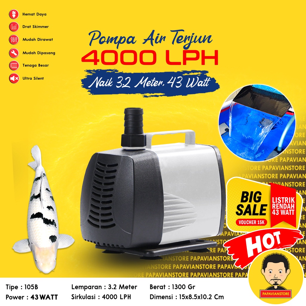 Pompa Air Kolam Ikan Celup Filter Mesin Sirkulasi Tank Aquarium Koi Low Watt Submersible Hidroponik Hydroponic Water Pump Waterfall Air Terjun Hias - 2800 3000 3200 LPH Liter Per Jam 3 Meter Ketinggian 3m P021